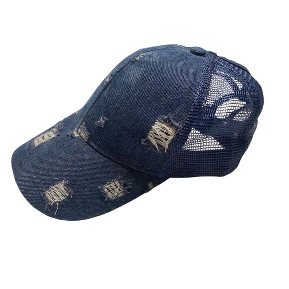 CC Distressed Denim Mesh Back High Ponytail Ball Cap Trucker Hat Adjustable - Picture 1 of 10